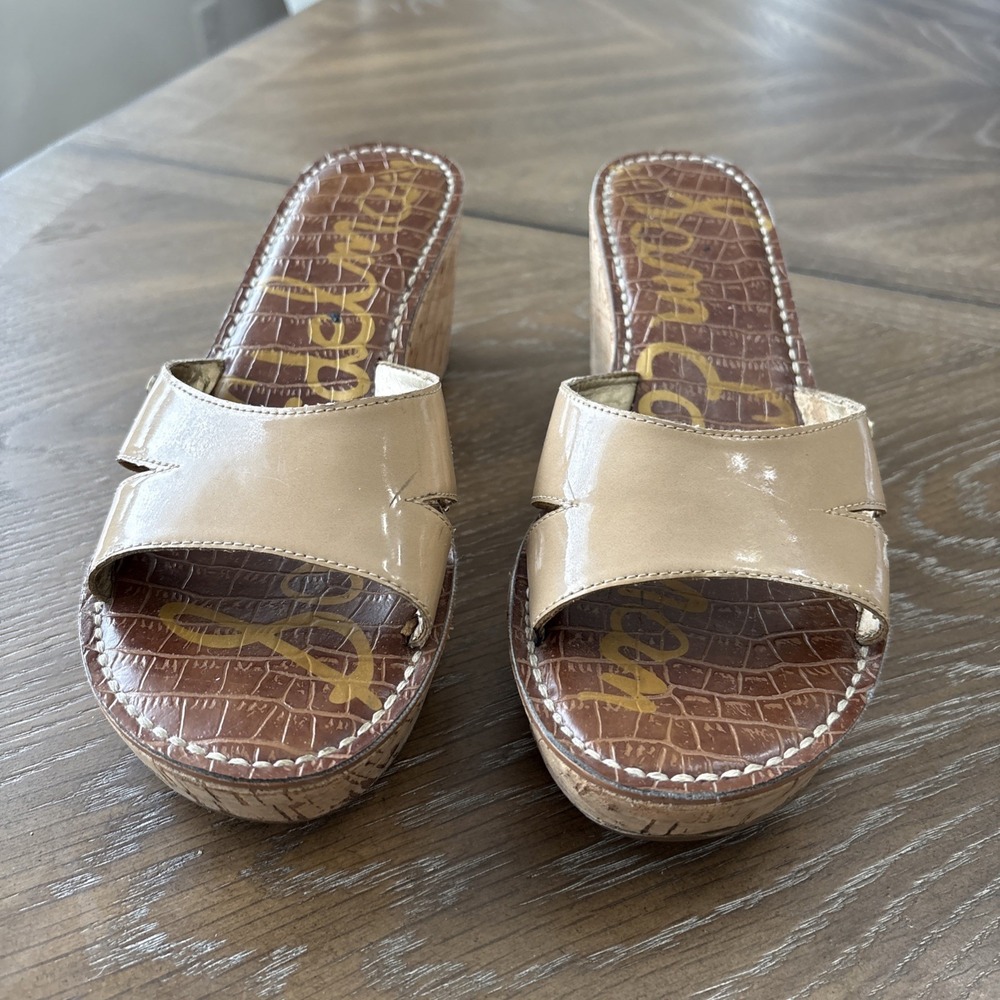 Sam Edelman Womens Patent Leather Cork Wedge Sandals Tan Croc Print Slide Shoes